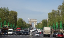 view of the Champs Elysees and Arc de Triomphe with Paris traffic